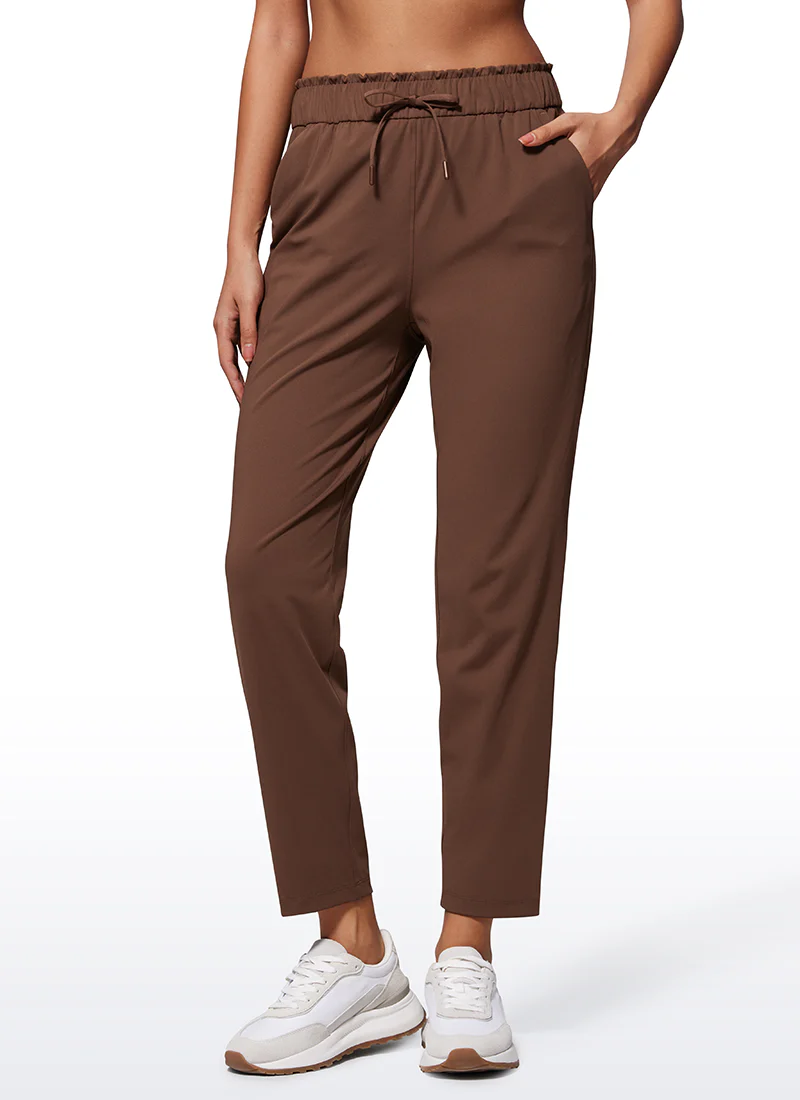 Stretch Drawstring High Waist 7/8 Pants with Pockets 27''